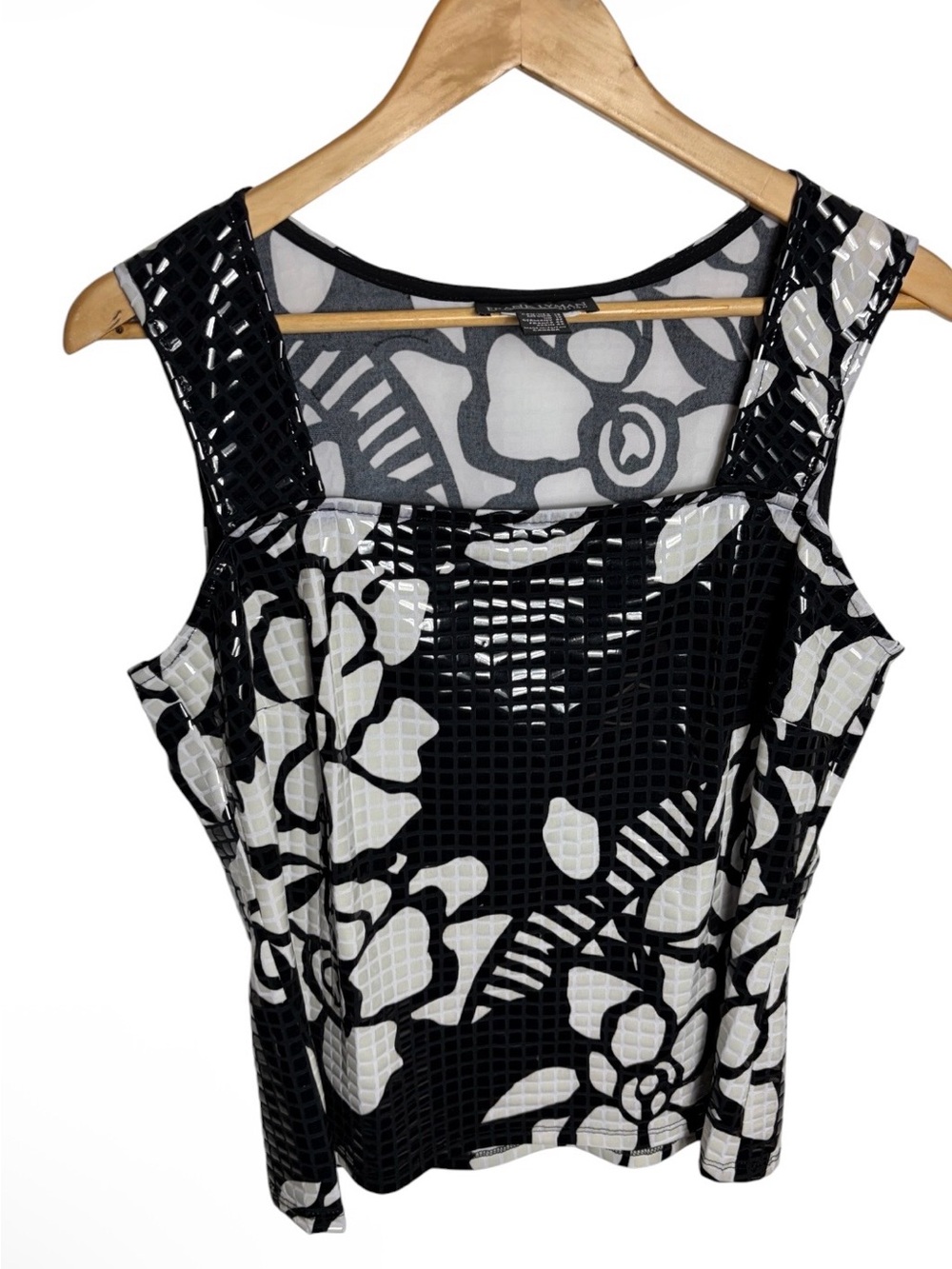 Y2K  black & white shinny pop art floral square neck blouse size 14